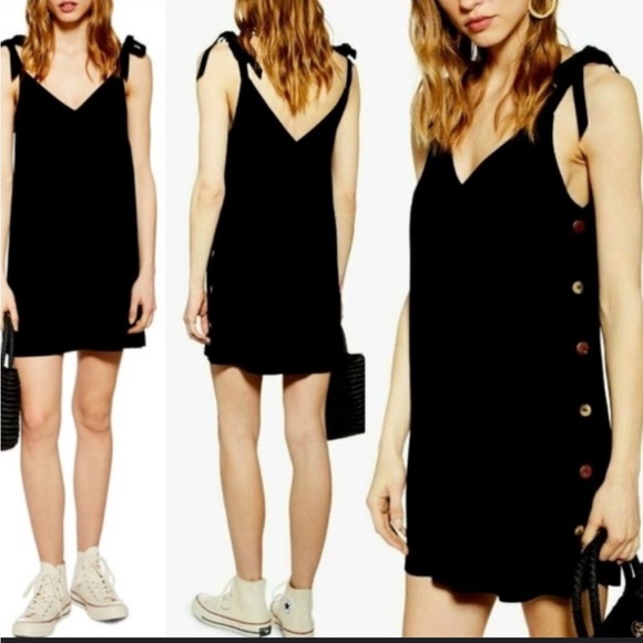 Topshop Tilda Button Side Mini Dress with Shoulder Bows 8 - Picture 1 of 4